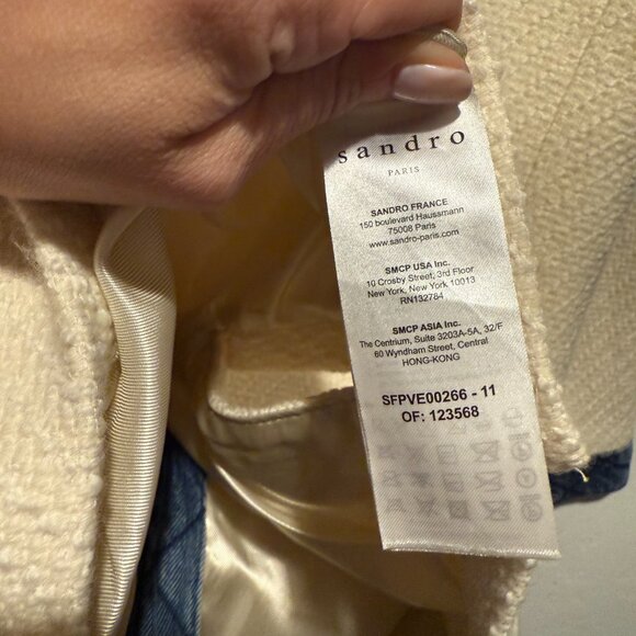 Sandro Chelby Ivory Tweed Contrast Denim Button Up Jacket FR 34 US 2 - Picture 4 of 4